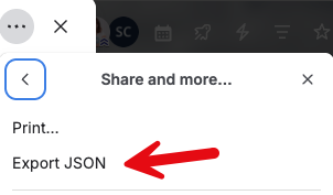 Trello card Share menu with the Export JSON option highlighted